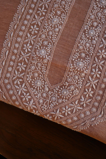 Almond Beige Linen Chikankari Unstitched Men's Kurta Fabric