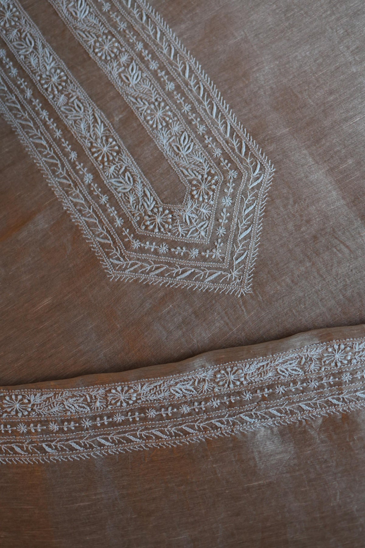 Beige Linen Chikankari Unstitched Men's Kurta Fabric