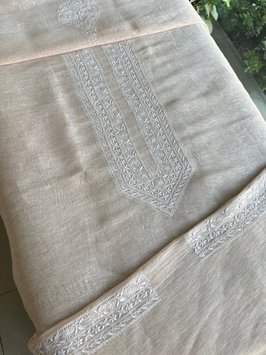 Beige Linen Chikankari Unstitched Men's Kurtas Fabric