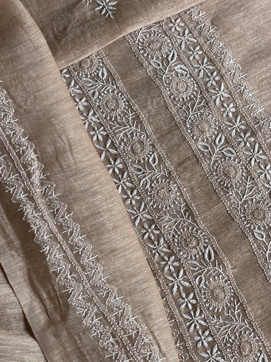 Beige Linen Chikankari Unstitched Men's Kurtas Fabric
