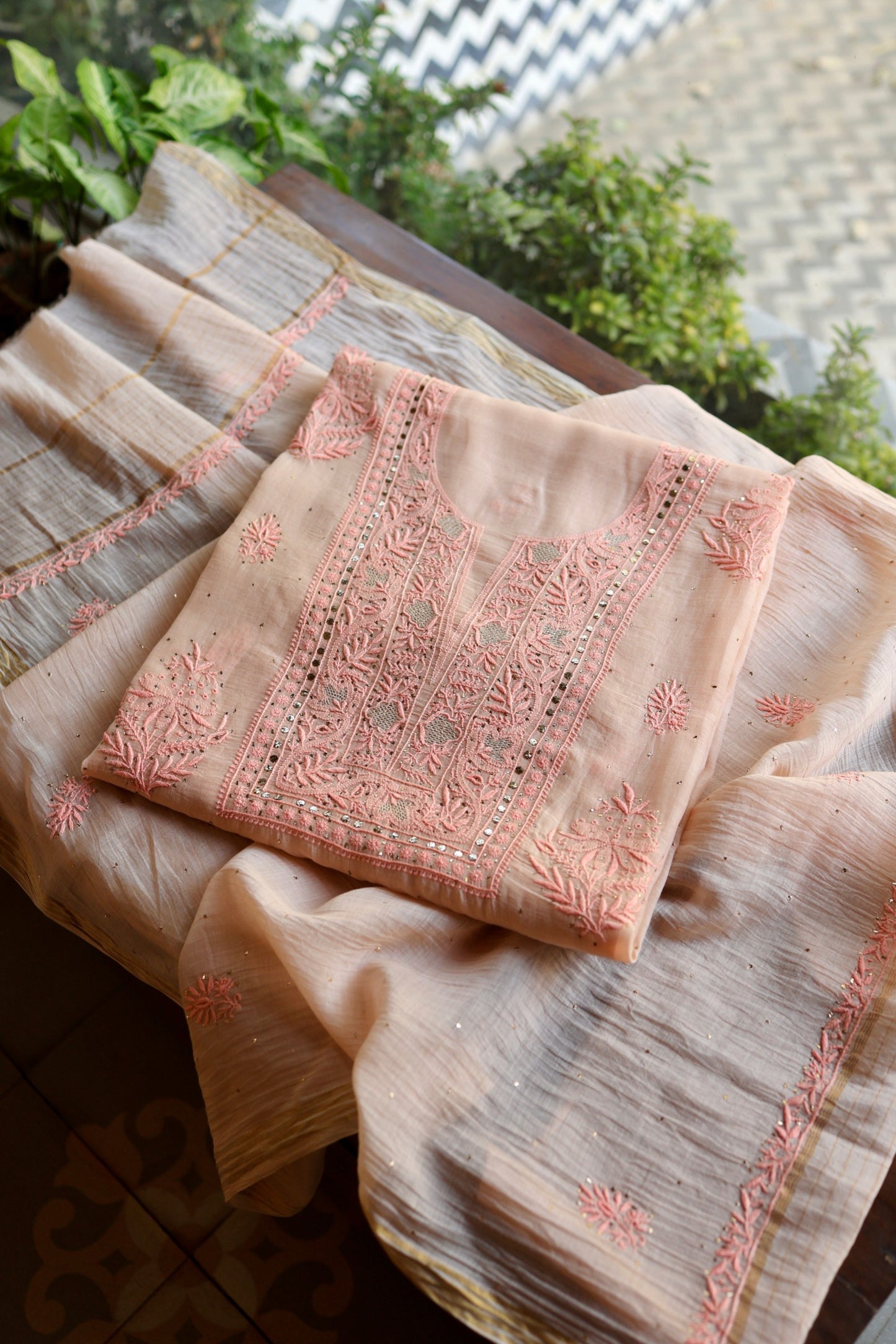 Soft Peach Mal Cotton Fine Chikankari With Kamdani Work Unstitched Fabric