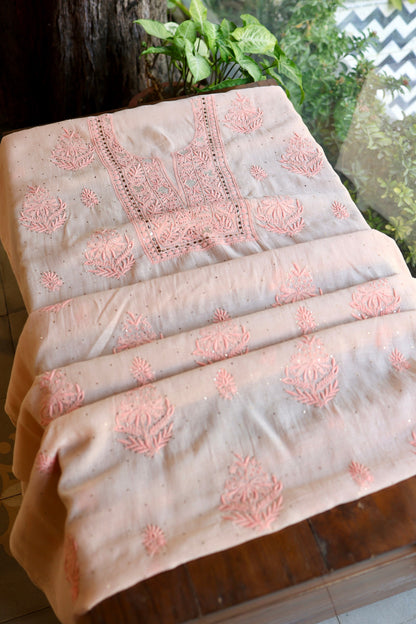 Soft Peach Mal Cotton Fine Chikankari With Kamdani Work Unstitched Fabric