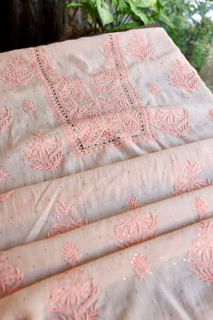 Soft Peach Mal Cotton Fine Chikankari With Kamdani Work Unstitched Fabric