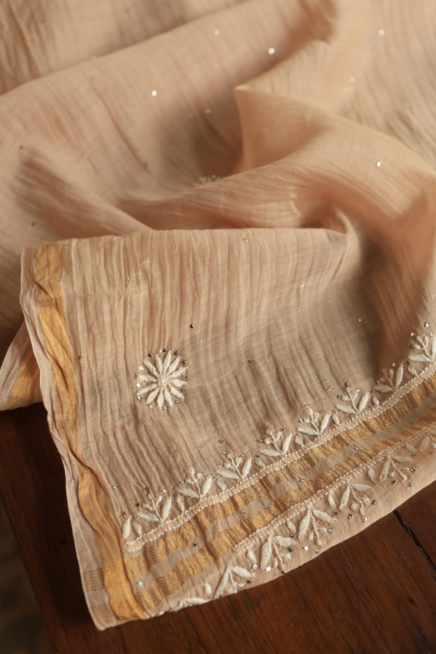 Beige Mal Cotton Fine Chikankari With Kamdani Work Unstitched Fabric