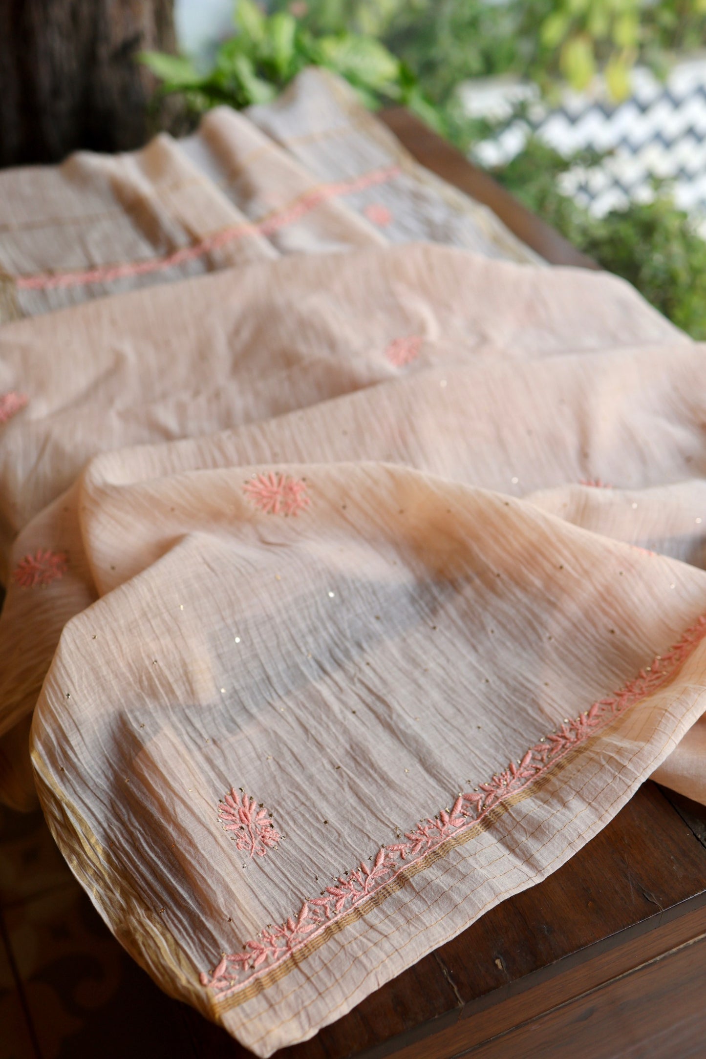 Soft Peach Mal Cotton Fine Chikankari With Kamdani Work Unstitched Fabric
