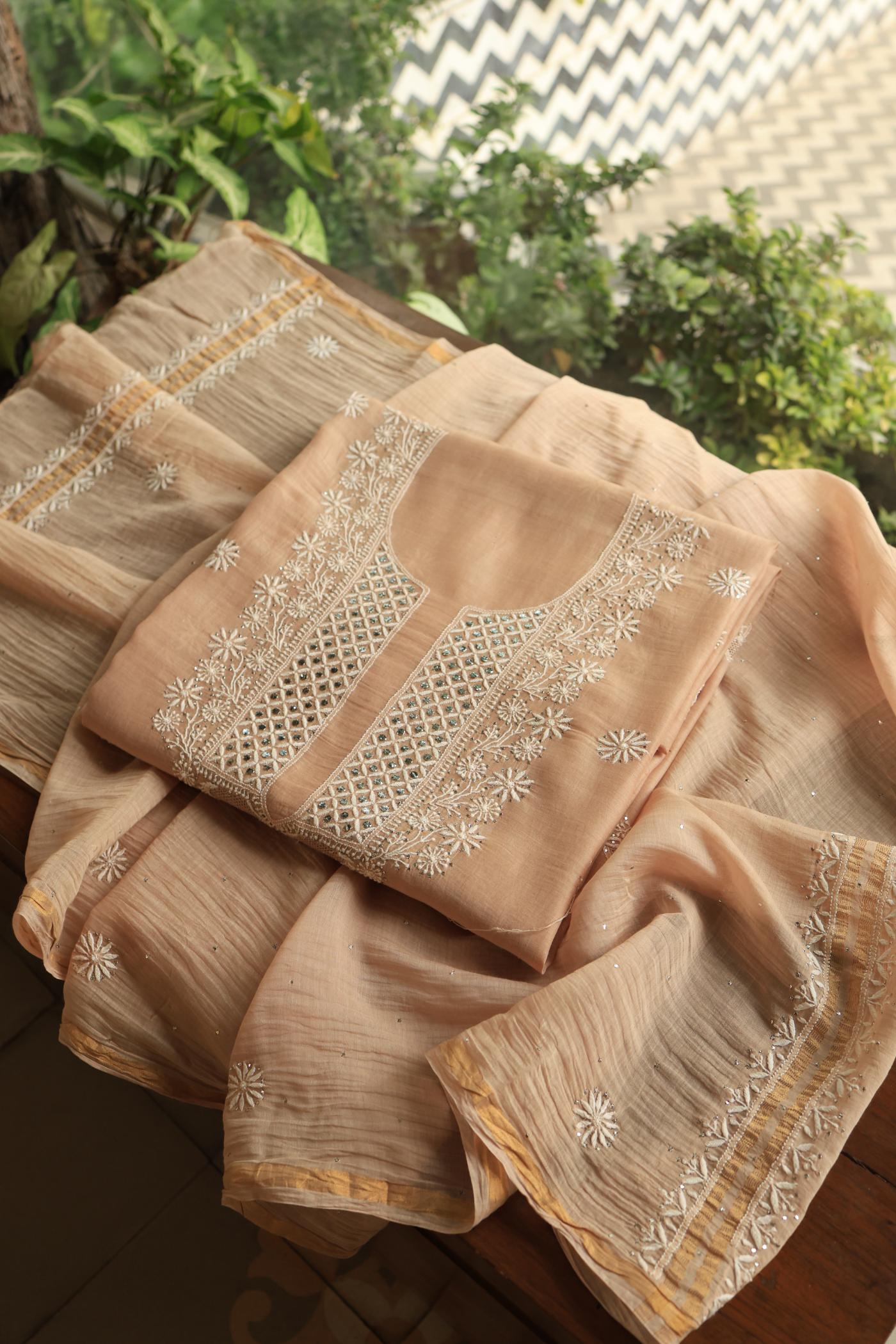 Beige Mal Cotton Fine Chikankari With Kamdani Work Unstitched Fabric