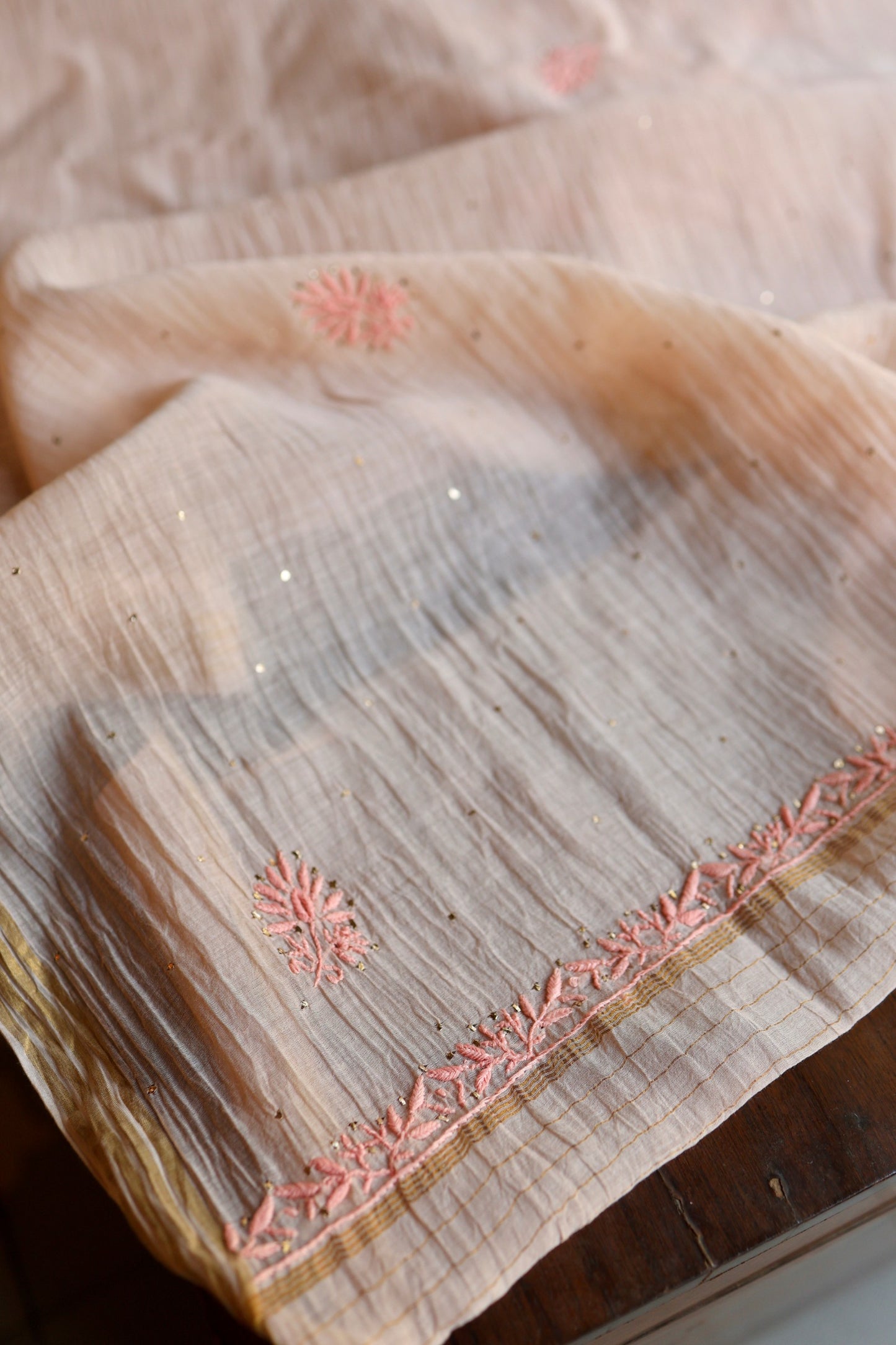 Soft Peach Mal Cotton Fine Chikankari With Kamdani Work Unstitched Fabric
