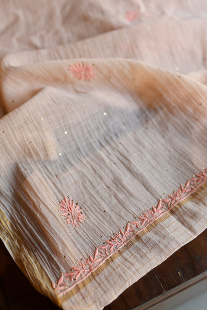 Soft Peach Mal Cotton Fine Chikankari With Kamdani Work Unstitched Fabric
