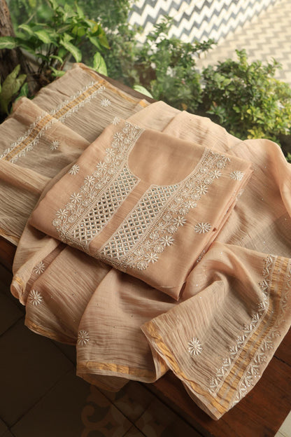 Beige Mal Cotton Fine Chikankari With Kamdani Work Unstitched Fabric