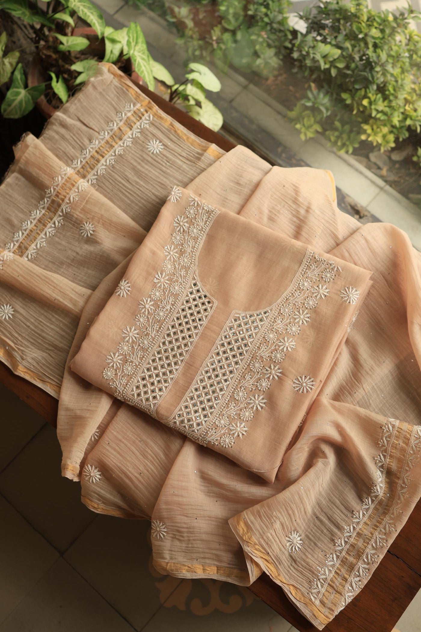 Beige Mal Cotton Fine Chikankari With Kamdani Work Unstitched Fabric