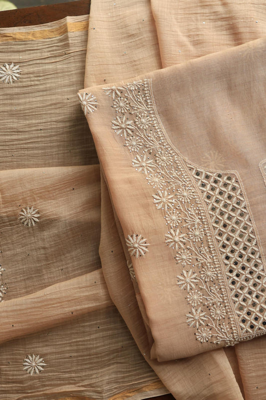 Beige Mal Cotton Fine Chikankari With Kamdani Work Unstitched Fabric