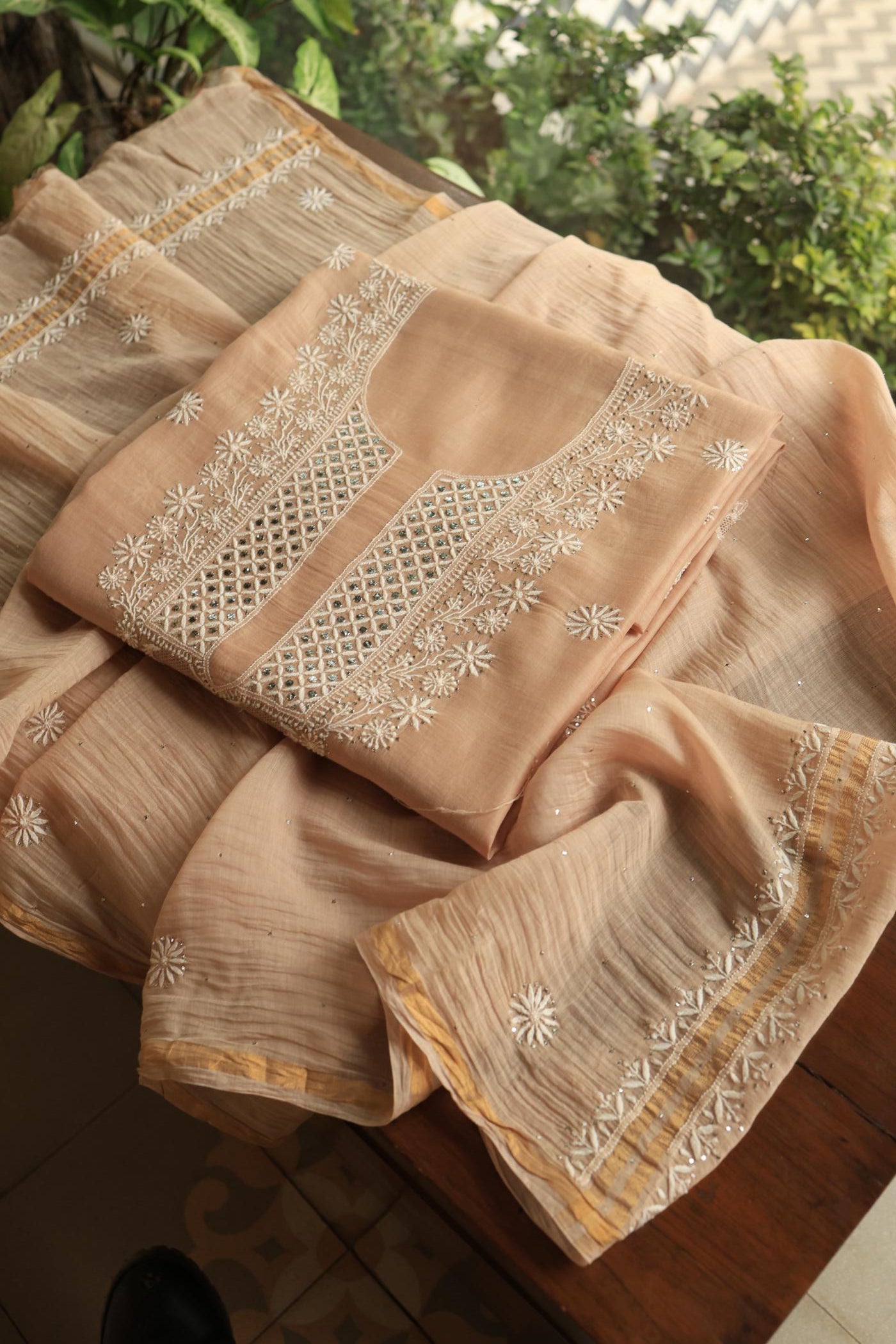 Beige Mal Cotton Fine Chikankari With Kamdani Work Unstitched Fabric