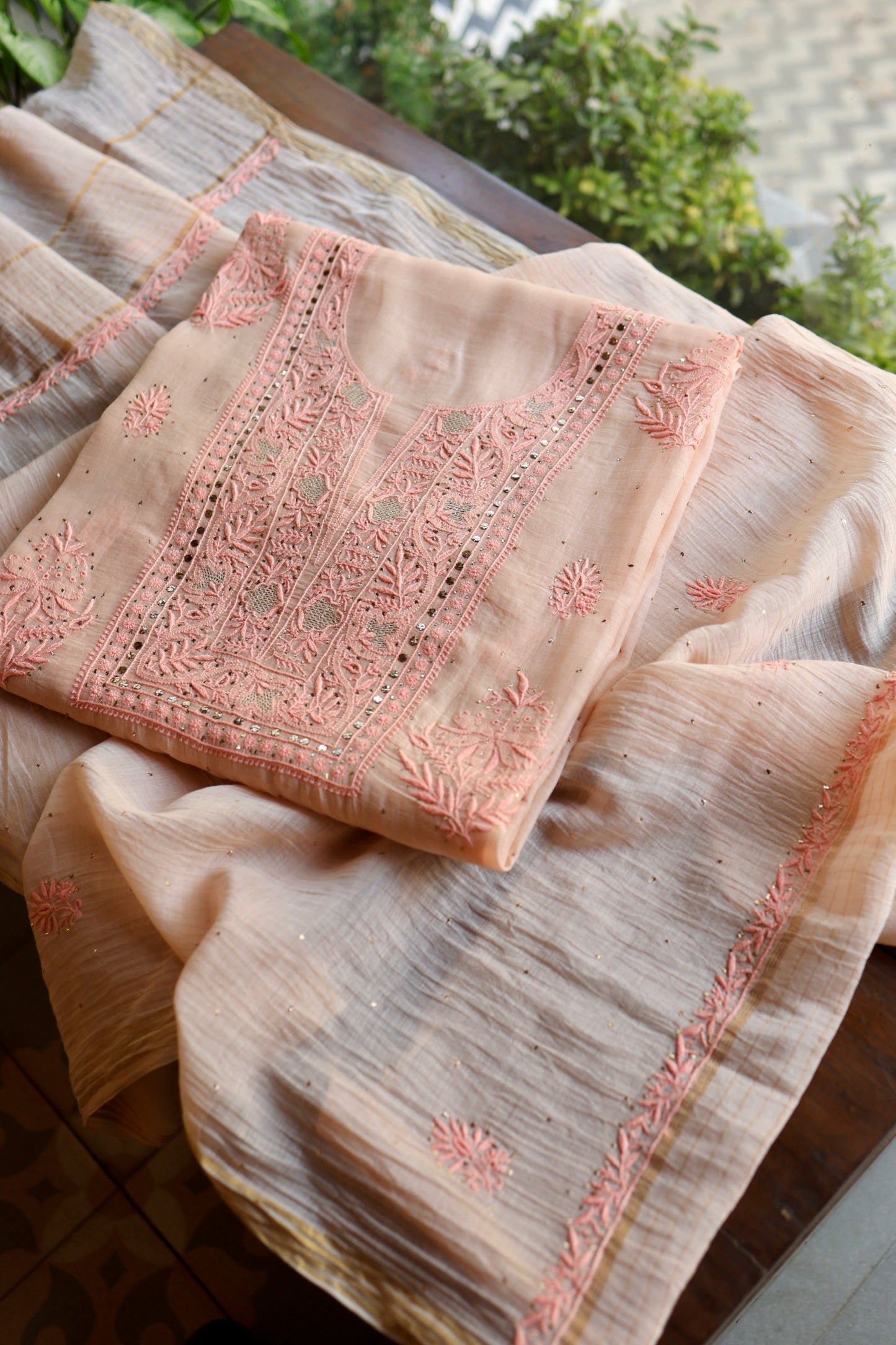 Soft Peach Mal Cotton Fine Chikankari With Kamdani Work Unstitched Fabric