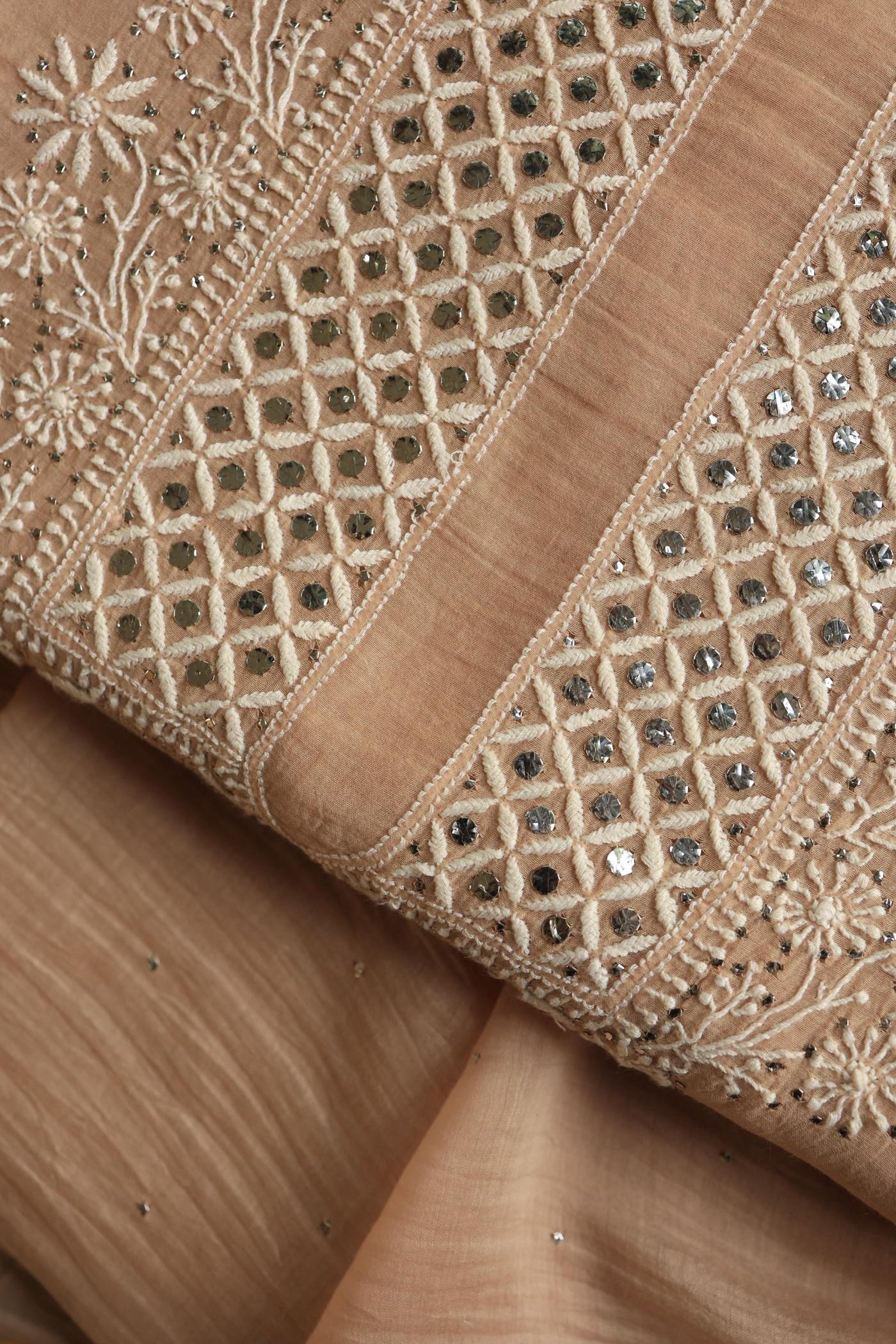 Beige Mal Cotton Fine Chikankari With Kamdani Work Unstitched Fabric
