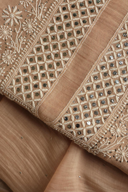Beige Mal Cotton Fine Chikankari With Kamdani Work Unstitched Fabric
