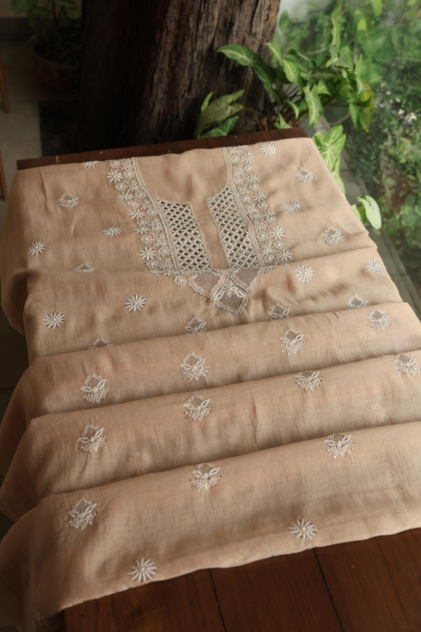 Beige Mal Cotton Fine Chikankari With Kamdani Work Unstitched Fabric