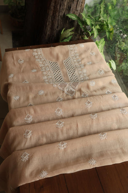 Beige Mal Cotton Fine Chikankari With Kamdani Work Unstitched Fabric