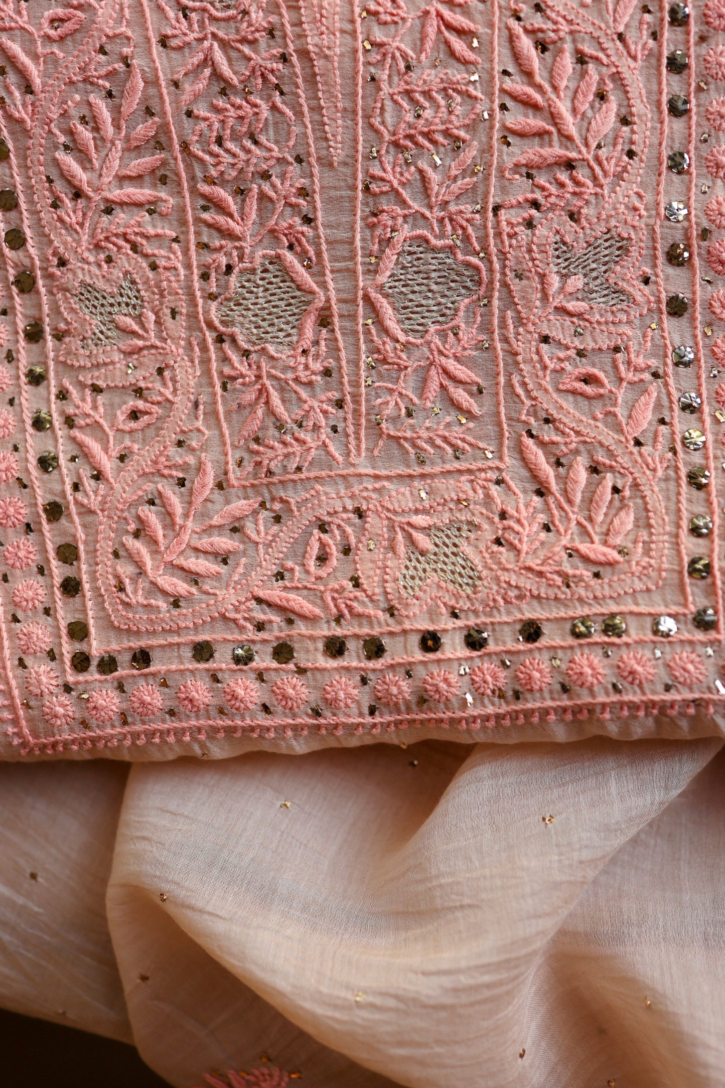 Soft Peach Mal Cotton Fine Chikankari With Kamdani Work Unstitched Fabric
