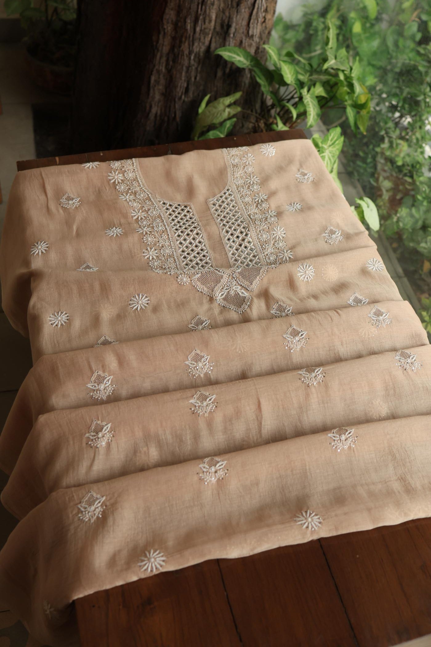Beige Mal Cotton Fine Chikankari With Kamdani Work Unstitched Fabric