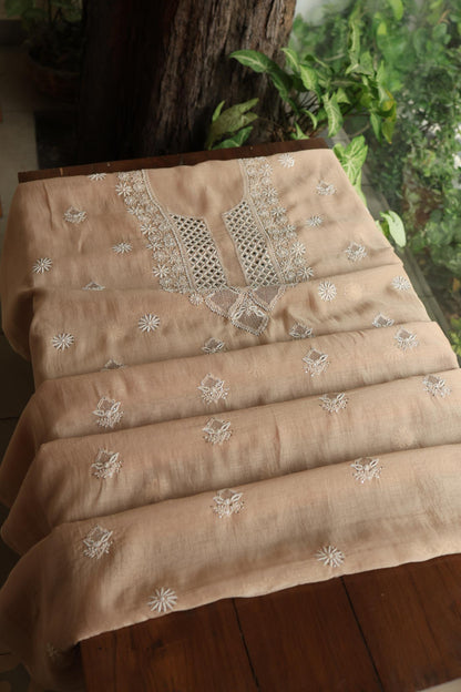 Beige Mal Cotton Fine Chikankari With Kamdani Work Unstitched Fabric