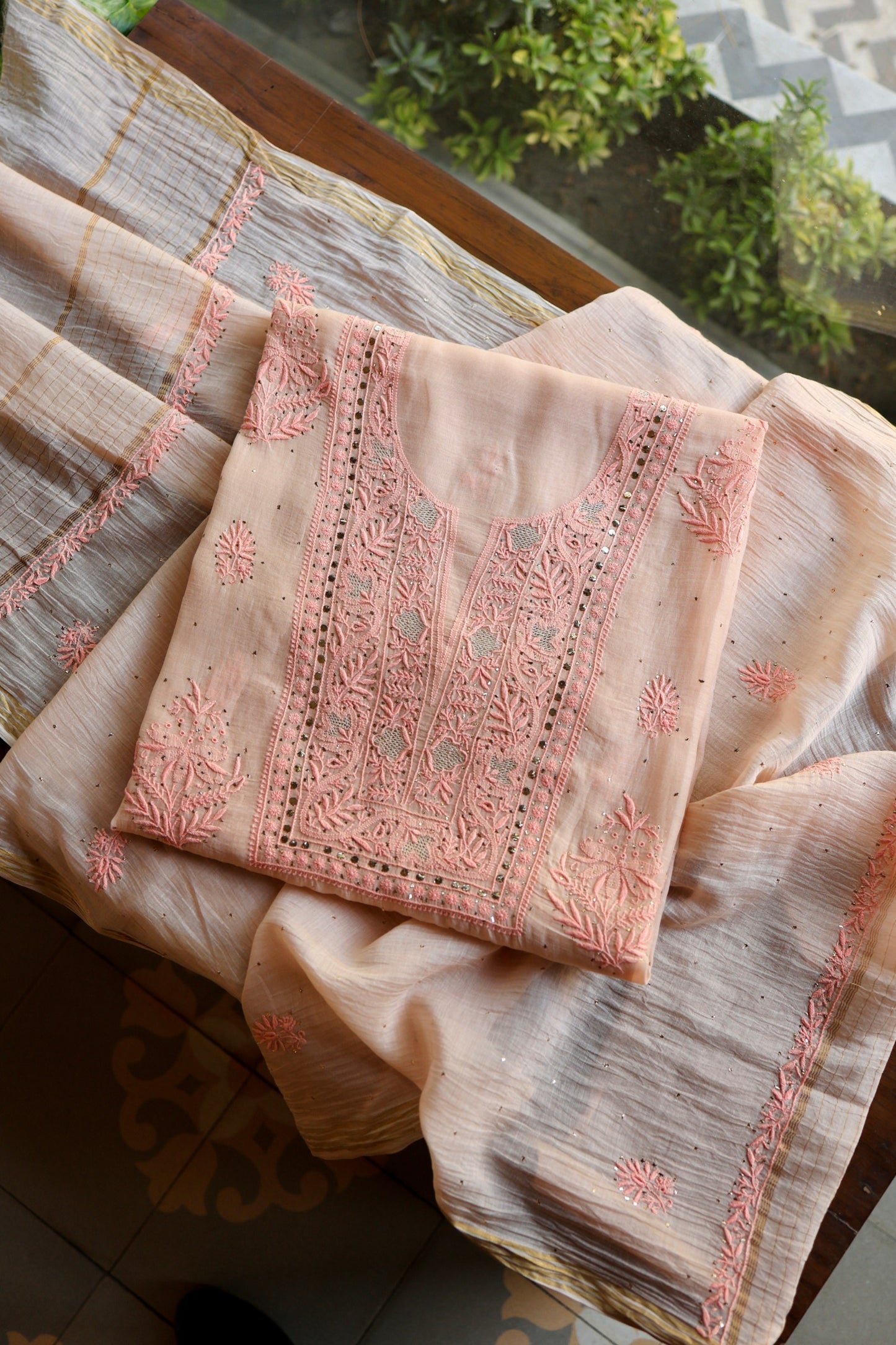 Soft Peach Mal Cotton Fine Chikankari With Kamdani Work Unstitched Fabric