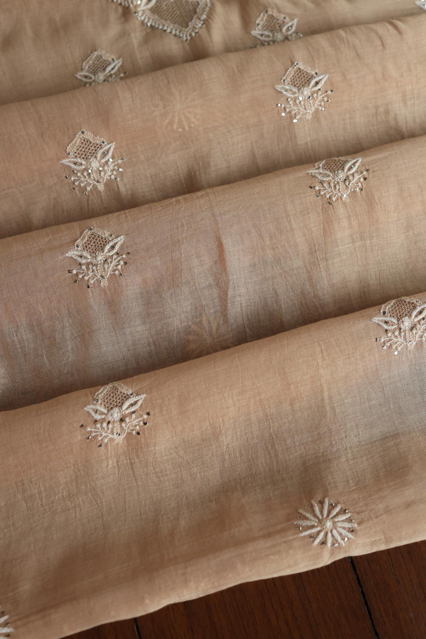 Beige Mal Cotton Fine Chikankari With Kamdani Work Unstitched Fabric