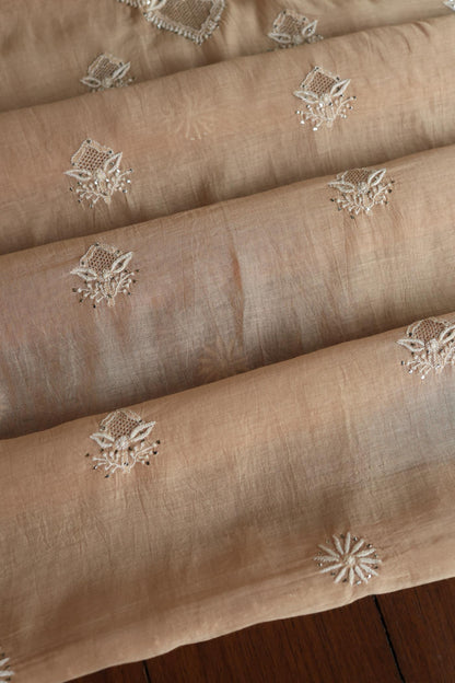 Beige Mal Cotton Fine Chikankari With Kamdani Work Unstitched Fabric