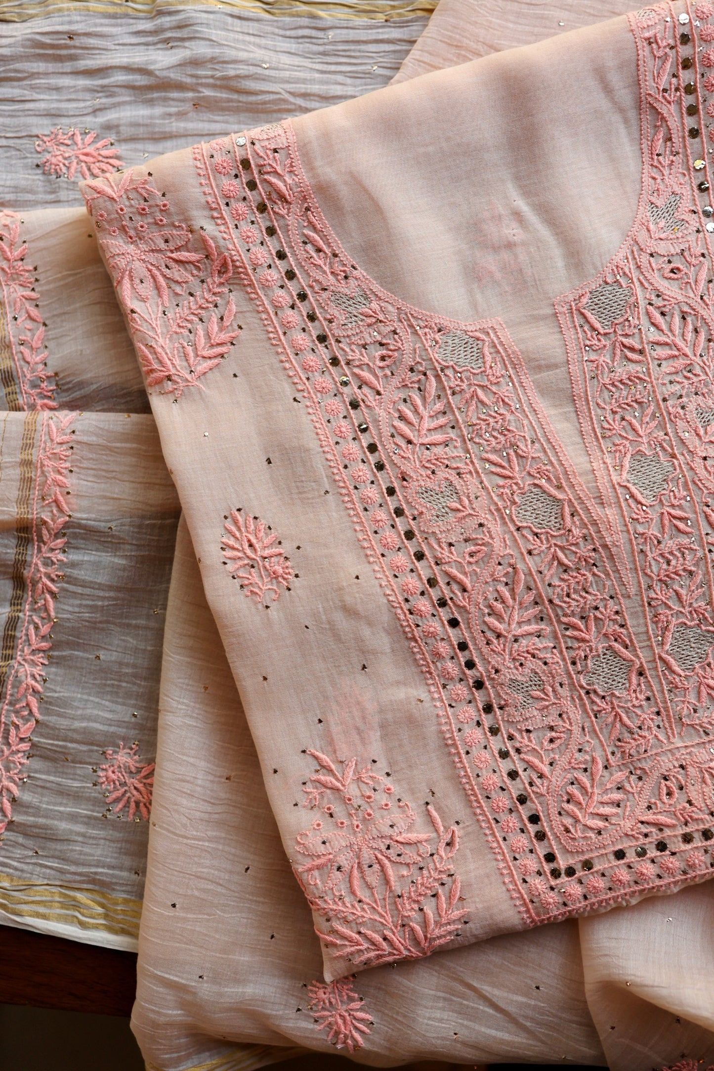 Soft Peach Mal Cotton Fine Chikankari With Kamdani Work Unstitched Fabric
