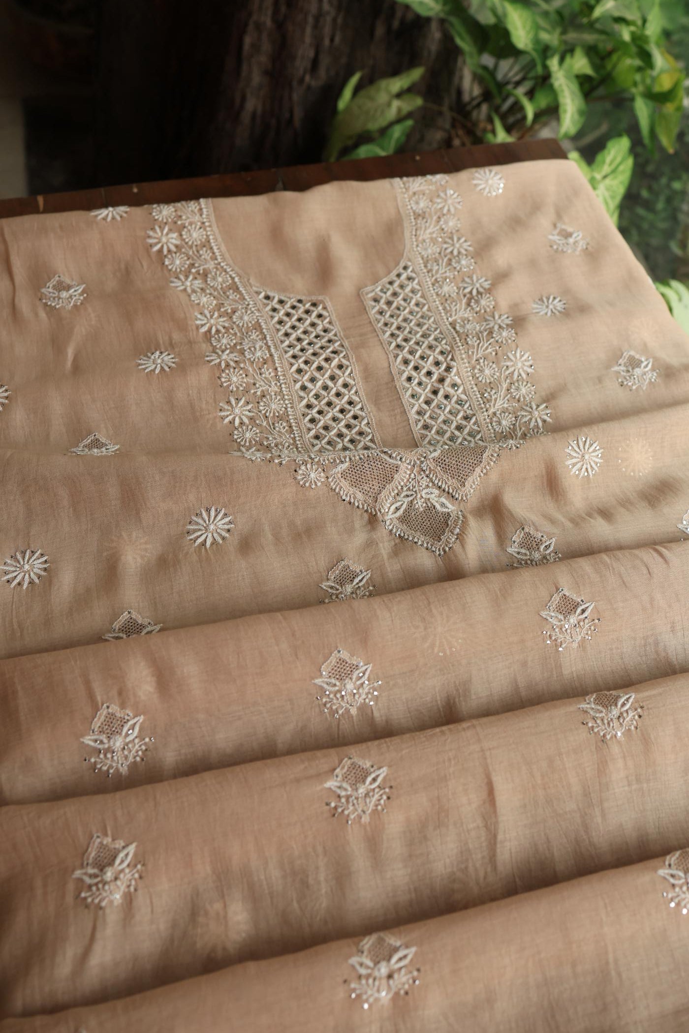 Beige Mal Cotton Fine Chikankari With Kamdani Work Unstitched Fabric