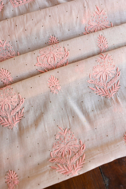 Soft Peach Mal Cotton Fine Chikankari With Kamdani Work Unstitched Fabric