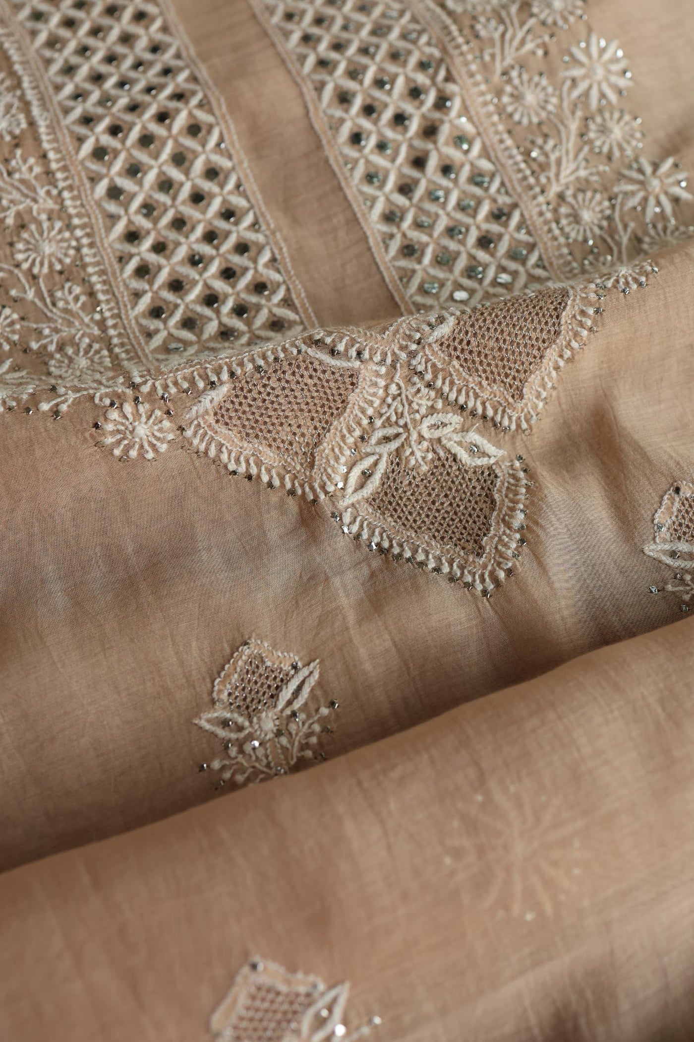 Beige Mal Cotton Fine Chikankari With Kamdani Work Unstitched Fabric
