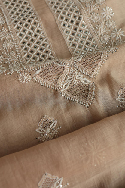 Beige Mal Cotton Fine Chikankari With Kamdani Work Unstitched Fabric