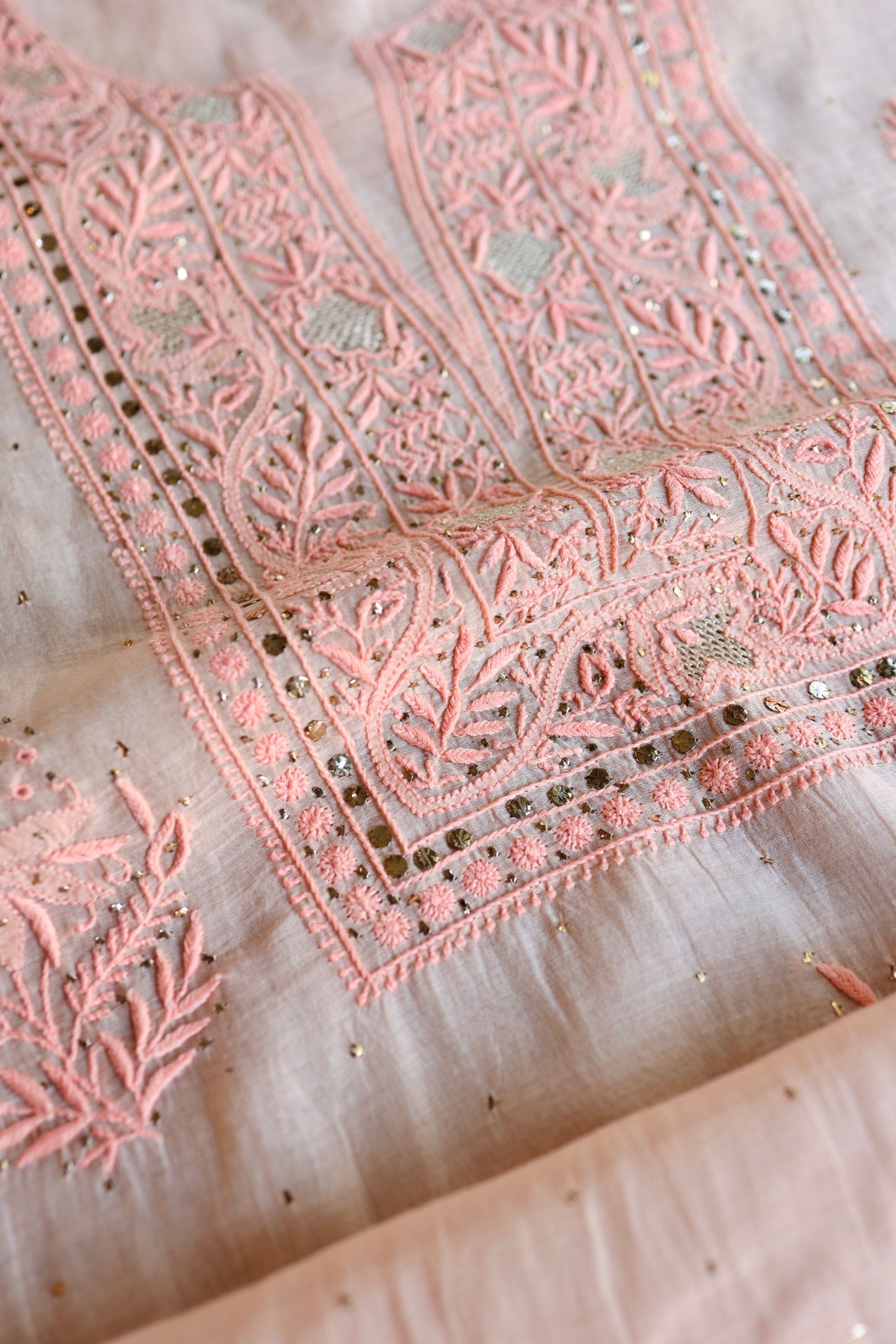 Soft Peach Mal Cotton Fine Chikankari With Kamdani Work Unstitched Fabric