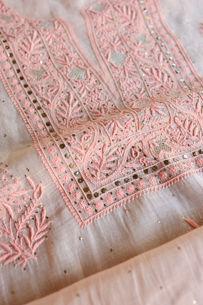 Soft Peach Mal Cotton Fine Chikankari With Kamdani Work Unstitched Fabric