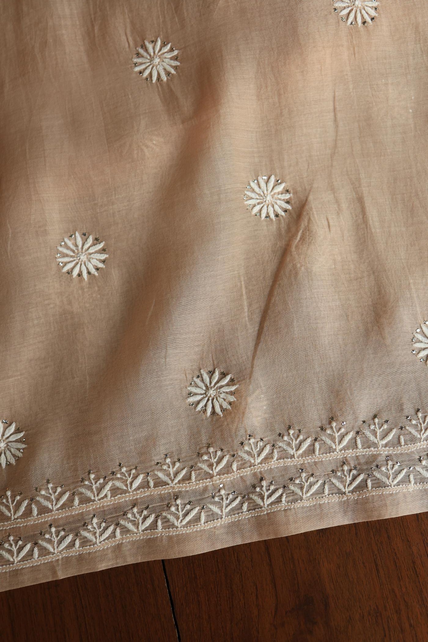 Beige Mal Cotton Fine Chikankari With Kamdani Work Unstitched Fabric