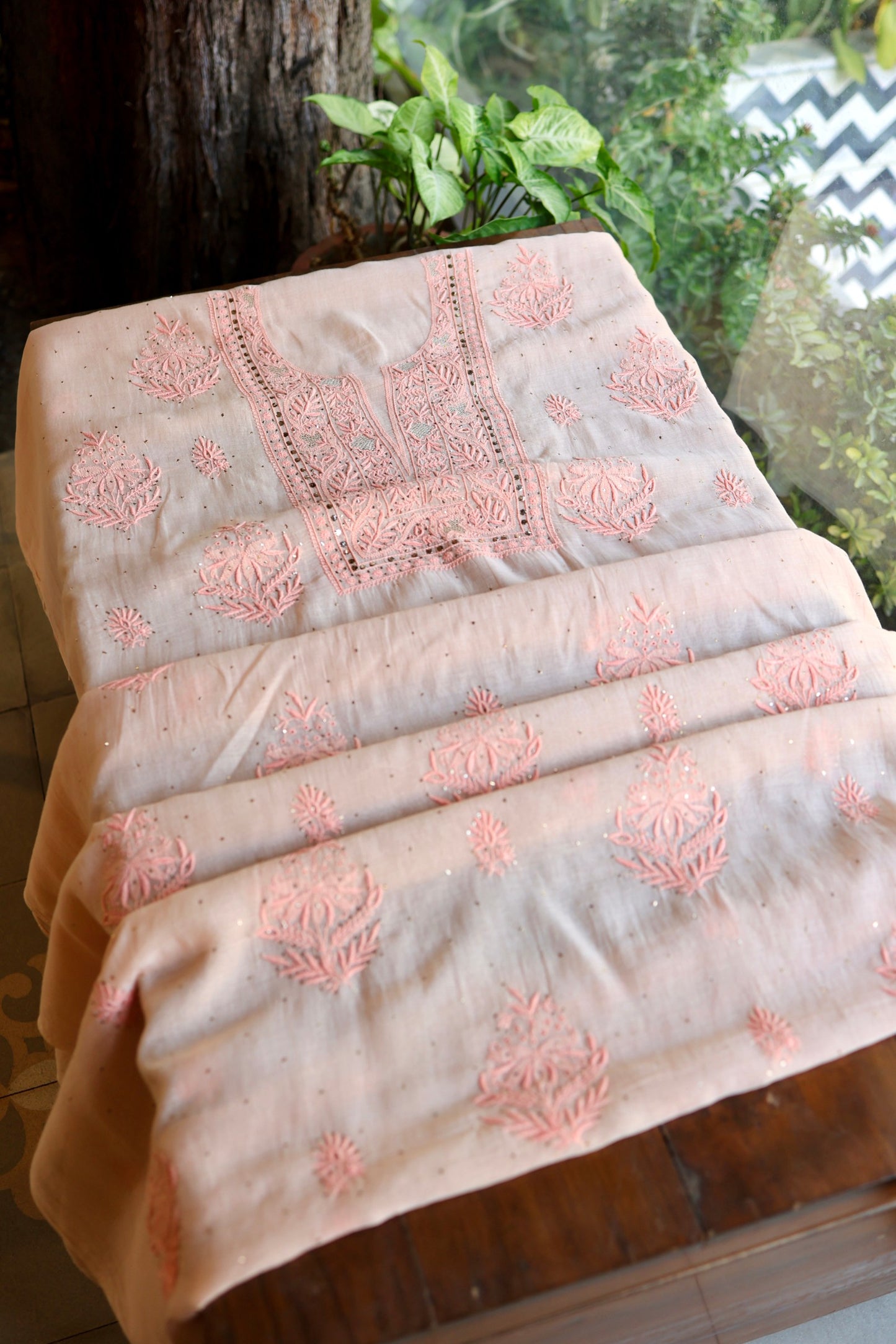 Soft Peach Mal Cotton Fine Chikankari With Kamdani Work Unstitched Fabric