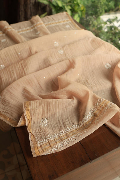 Beige Mal Cotton Fine Chikankari With Kamdani Work Unstitched Fabric