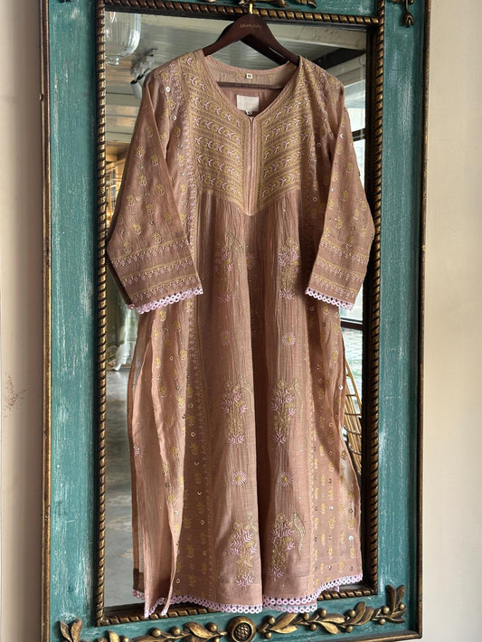 Beige Mal Mukaish Kamdani Tux Chikankari Kurta Dupatta Set
