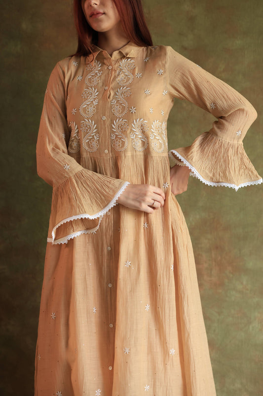 Beige Mal chikankari Dress With Bell Sleeves