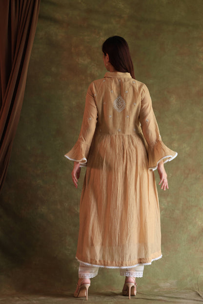 Beige Mal chikankari Dress With Bell Sleeves