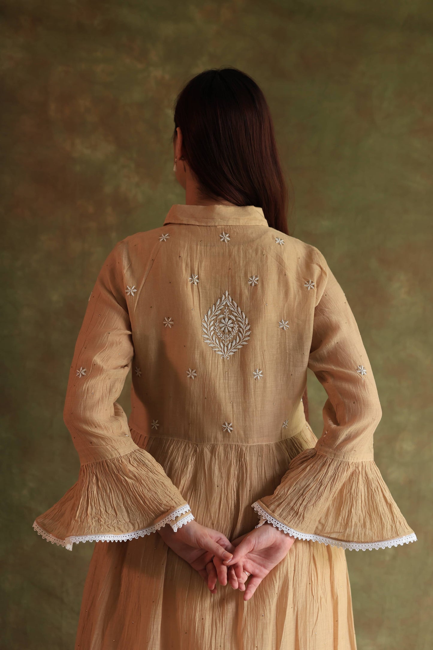 Beige Mal chikankari Dress With Bell Sleeves