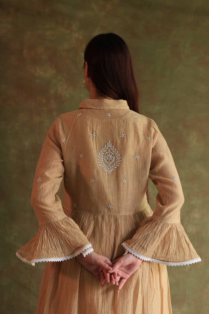 Beige Mal chikankari Dress With Bell Sleeves