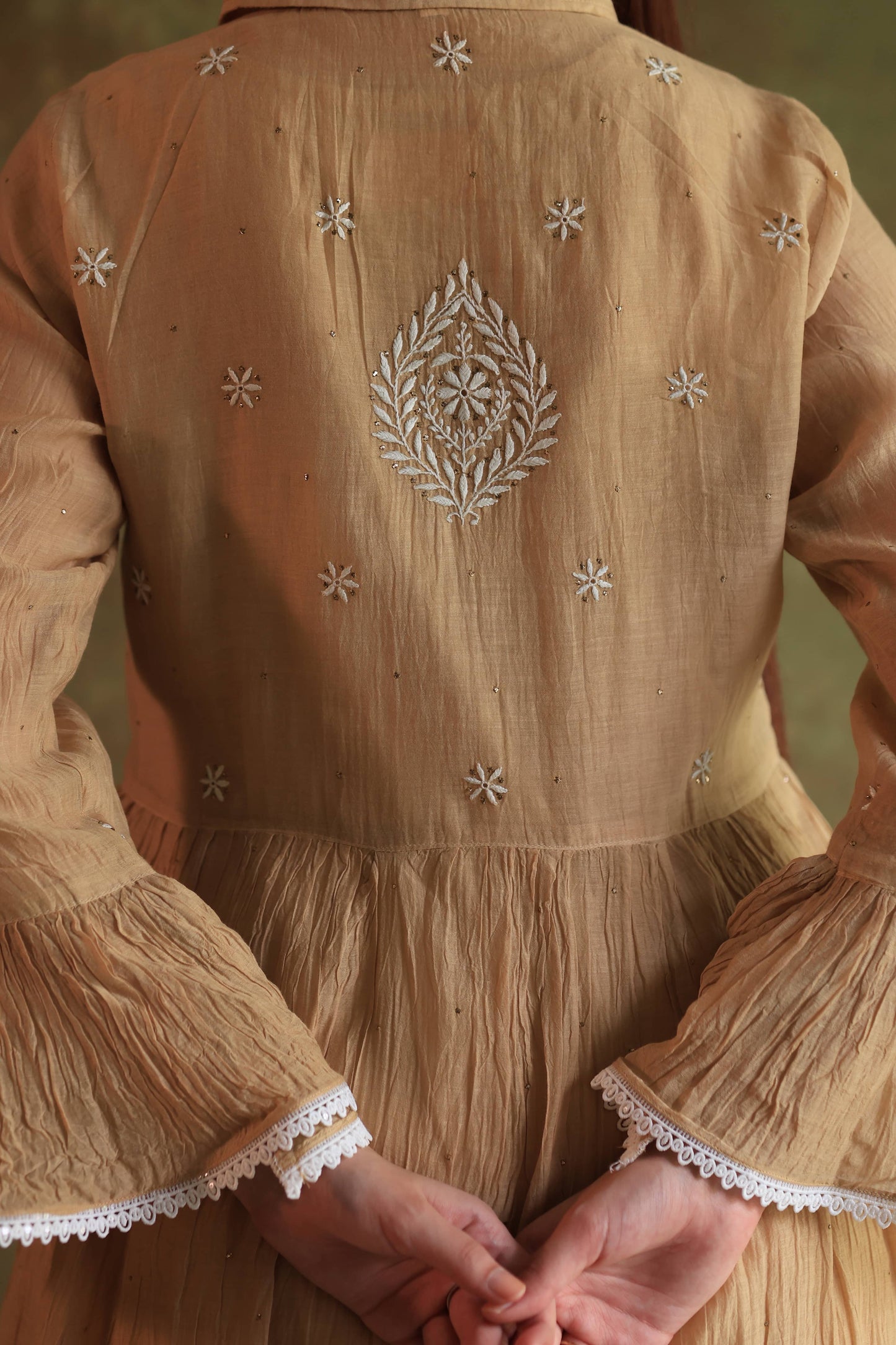 Beige Mal chikankari Dress With Bell Sleeves