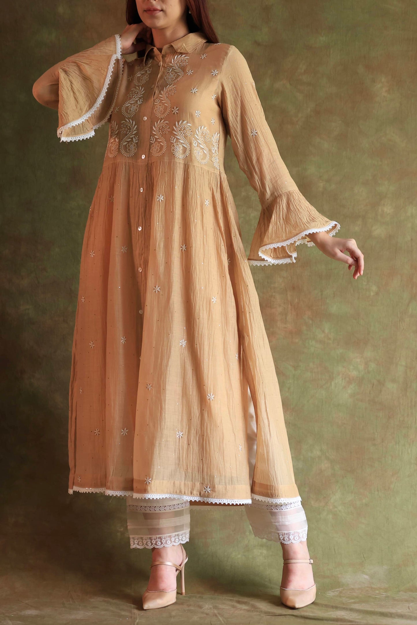 Beige Mal chikankari Dress With Bell Sleeves