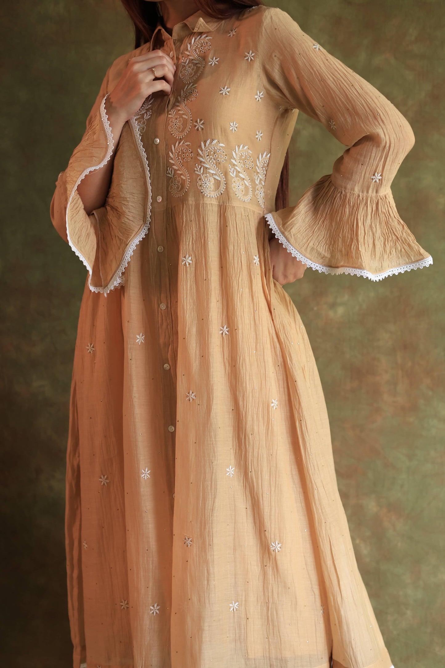 Beige Mal chikankari Dress With Bell Sleeves