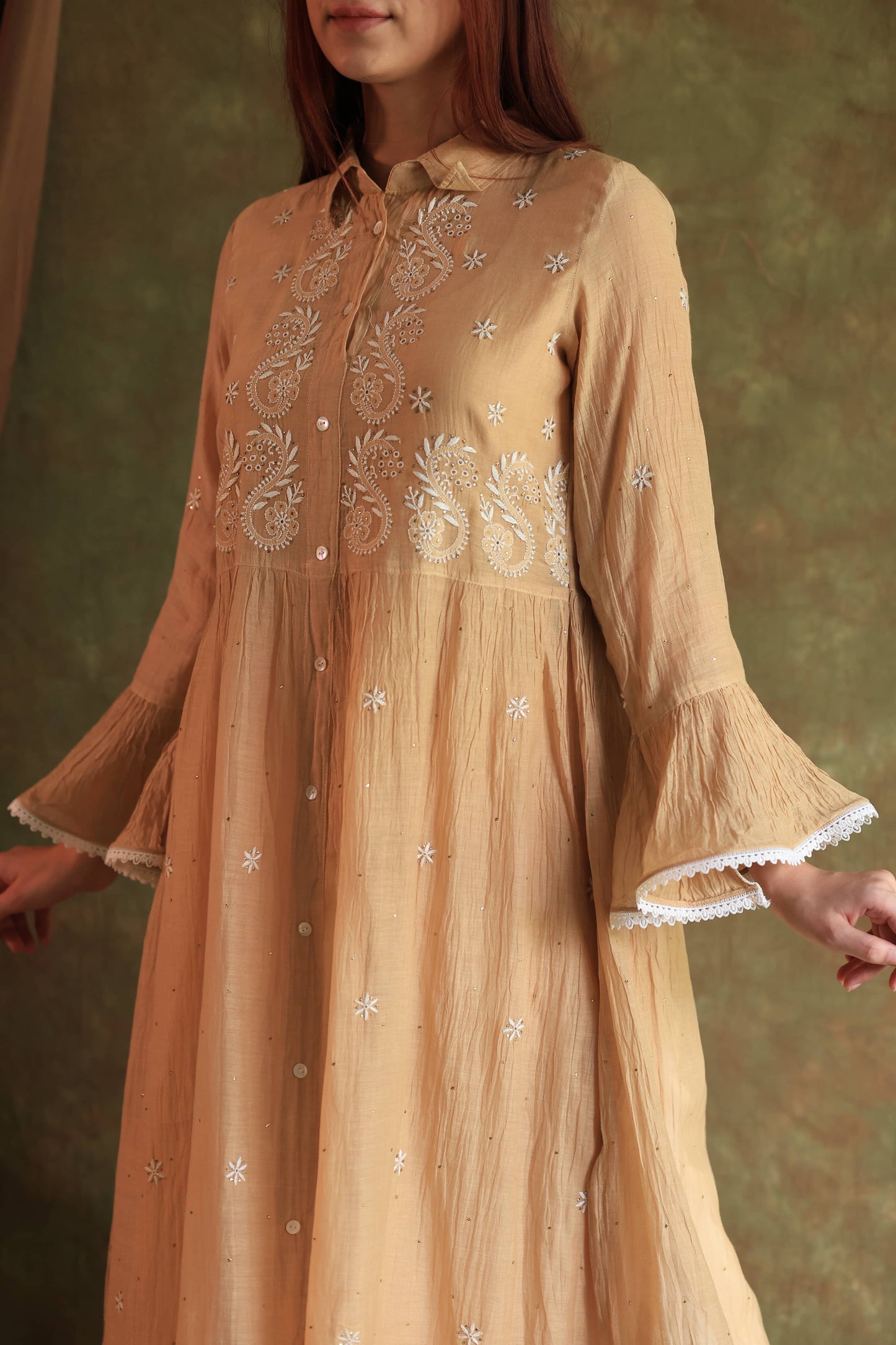 Beige Mal chikankari Dress With Bell Sleeves