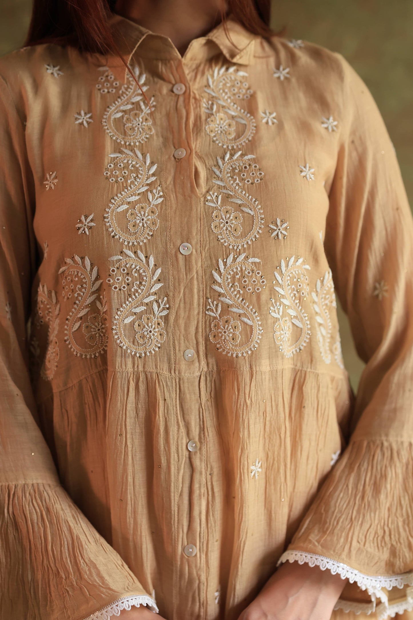 Beige Mal chikankari Dress With Bell Sleeves