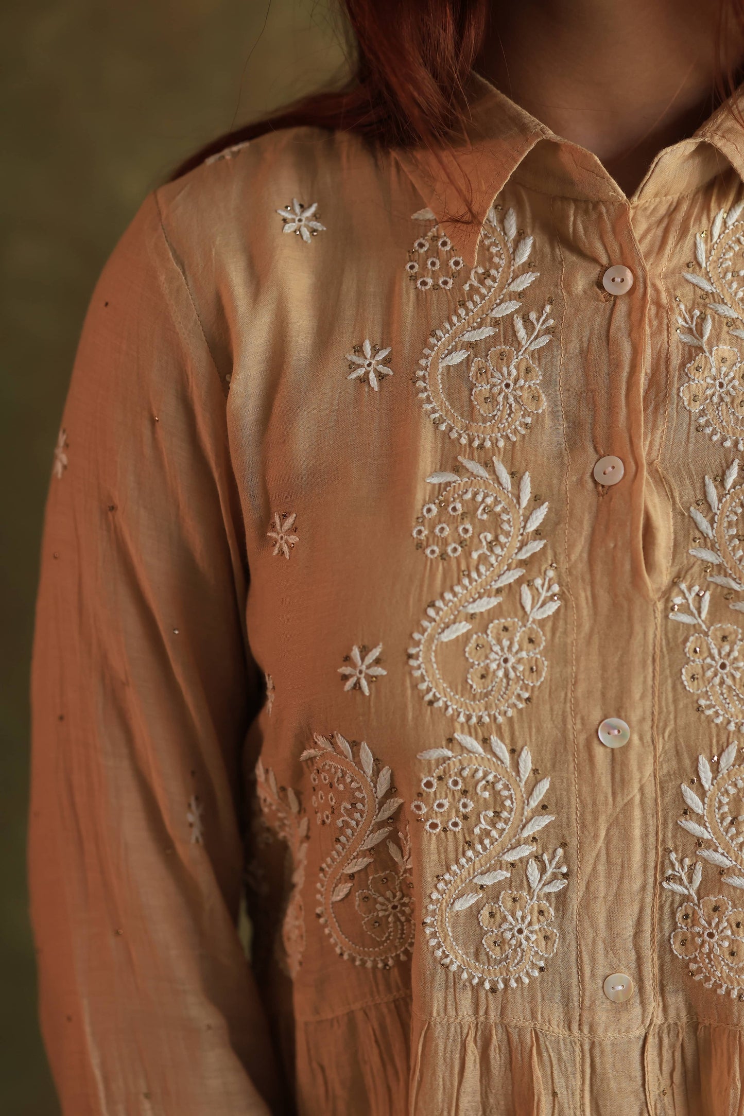 Beige Mal chikankari Dress With Bell Sleeves