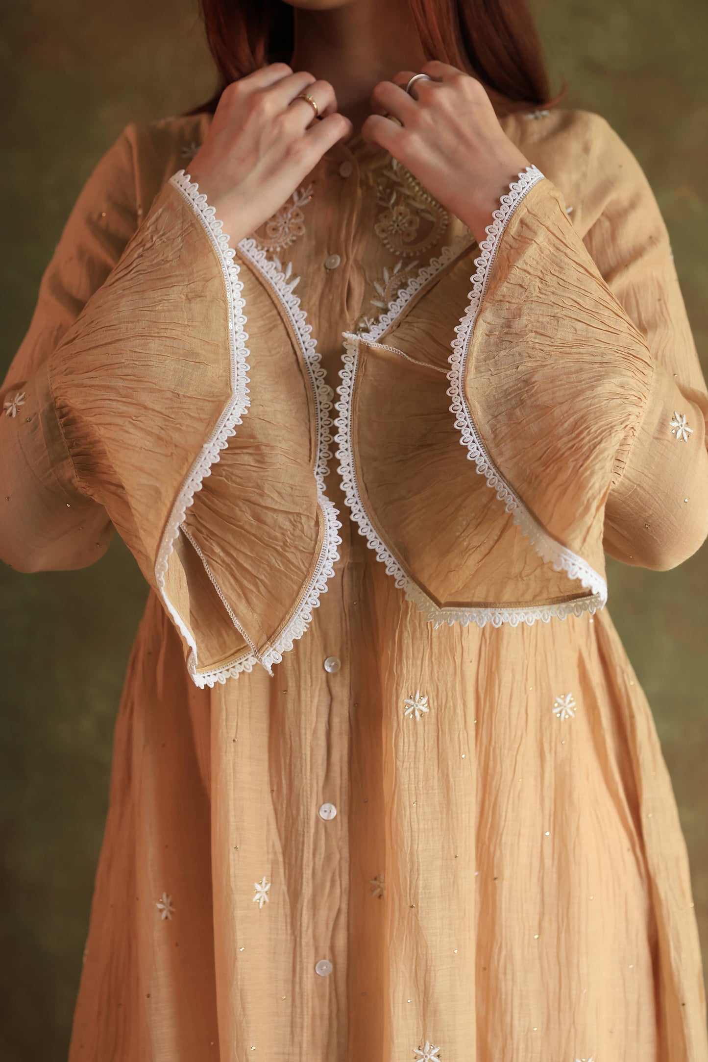 Beige Mal chikankari Dress With Bell Sleeves