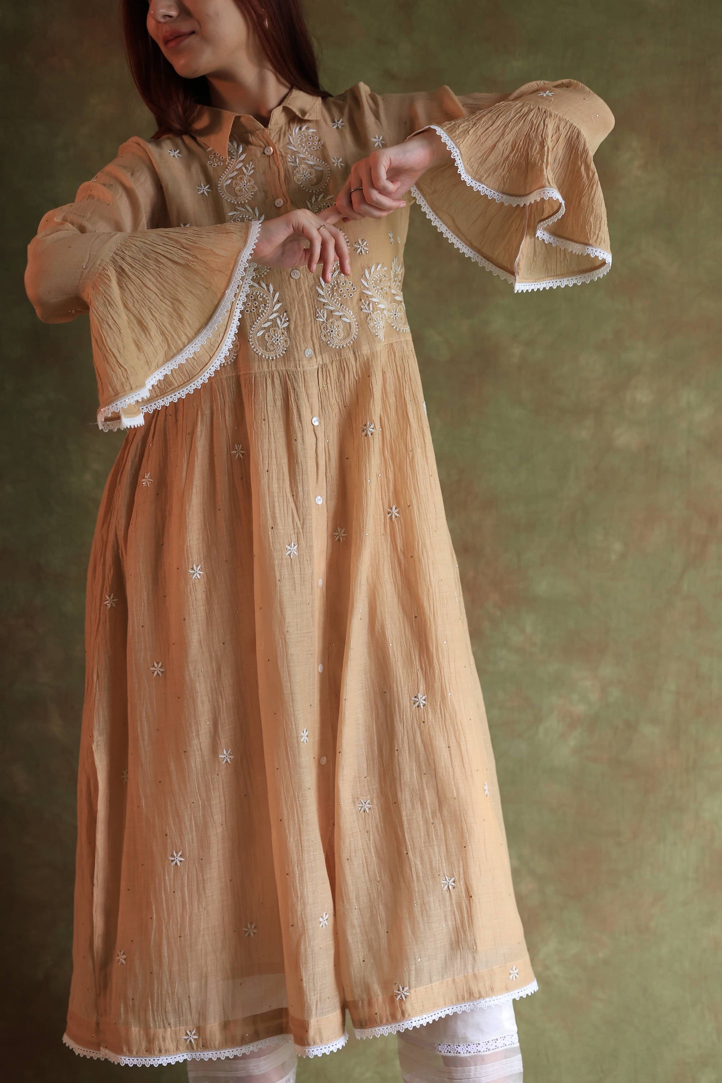 Beige Mal chikankari Dress With Bell Sleeves